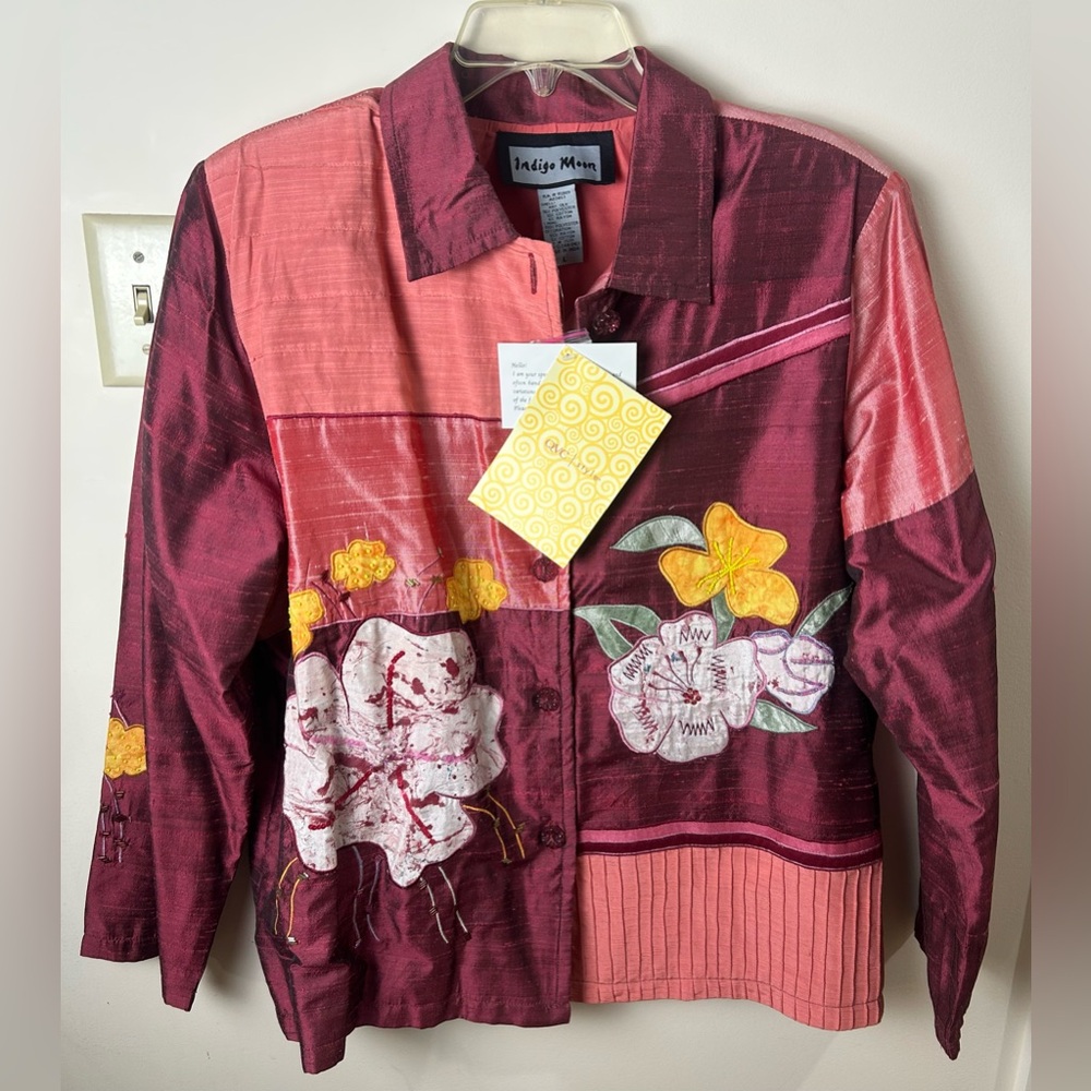 Indigo Moon Jacket Silk Blend L Button Front‎ Patchwork Embroidered Hand Woven